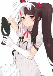 Rule 34 | 1girl, ahoge, black bow, bow, breasts, bright pupils, brown hair, cleavage, cleavage cutout, closed mouth, clothing cutout, female focus, gloves, hair bobbles, hair bow, hair ornament, hand mirror, hand up, highres, holding, holding mirror, looking at viewer, mirror, multicolored hair, nijisanji, notice lines, puffy short sleeves, puffy sleeves, red eyes, short sleeves, simple background, small breasts, smile, solo, split-color hair, streaked hair, twintails, two-tone hair, virtual youtuber, white background, white gloves, white hair, white pupils, yakihebi, yorumi rena