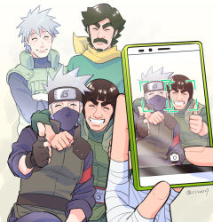 Rule 34 | 5boys, beard, black hair, cellphone, closed eyes, facial hair, father and son, fingerless gloves, ghost, gloves, grin, hatake kakashi, hatake sakumo, mask, might duy, might guy, multiple boys, mustache, naruto, naruto (series), phone, risuo, rock lee, silver hair, smartphone, smile, thumbs up