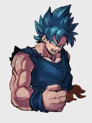 Rule 34 | 1boy, blue eyes, blue shirt, clenched hand, dragon ball, dragon ball super, grey background, kemachiku, looking at viewer, male focus, muscular, muscular male, open mouth, shirt, simple background, solo, son goku, super saiyan, super saiyan blue, teeth, torn clothes, torn shirt, upper body