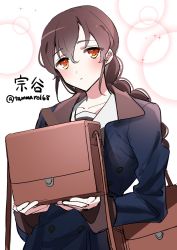 Rule 34 | 1girl, bag, blue coat, braid, brown hair, character name, coat, collarbone, commentary request, cowboy shot, dated, highres, holding, ichimonme (ichi), kantai collection, long hair, looking at viewer, messenger bag, one-hour drawing challenge, orange eyes, shoulder bag, single braid, solo, souya (kancolle), twitter username, white background