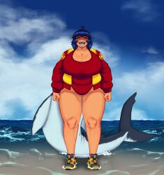 Rule 34 | 1girl, absurdres, ahoge, armorv1, black sclera, breasts, cloud, colored sclera, day, female focus, fins, fish tail, full body, highres, huge breasts, looking at viewer, navel, ocean, plump, shark girl, shark tail, sharp teeth, short hair, sky, smile, solo, standing, tail, teeth, thick thighs, thighs, water