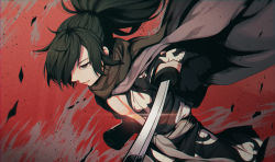 Rule 34 | 1boy, amputee, black hair, brown eyes, cape, dororo (tezuka), dutch angle, hair over one eye, highres, hyakkimaru (dororo), japanese clothes, katana, long hair, male focus, missing limb, ponytail, prosthesis, red background, scarf, solo, sword, weapon, y.i. (lave2217)