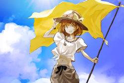 Rule 34 | 1girl, album cover, bad id, bad pixiv id, banpai akira, brown eyes, brown hair, cloud, cover, day, flag, hat, jewelry, navel, necklace, original, sky, smile, solo, sun hat, sunglasses