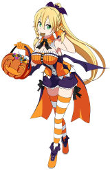 Rule 34 | 1girl, bat hair ornament, blonde hair, braid, bucket, candy, cookie, food, full body, gloves, green eyes, hair ornament, halloween costume, hand to head, high ponytail, holding, holding bucket, jack-o&#039;-lantern, leafa, long hair, mouth hold, non-web source, pointy ears, shorts, side braid, simple background, solo, standing, striped clothes, striped thighhighs, sword art online, thighhighs, twin braids, white background