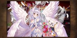 Rule 34 | 1girl, angel wings, animal, bouquet, breasts, character request, coat, covering breasts, covering privates, detached sleeves, dress, flower, game cg, garter straps, head wings, highres, kanpani girls, long hair, medium breasts, panties, rose, torn clothes, underwear, veil, wedding dress, white hair, wings, yellow eyes