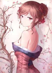 Rule 34 | 1girl, bare shoulders, blush, breasts, brown hair, closed mouth, commentary, english commentary, flower, from side, hair bun, hair flower, hair ornament, highres, japanese clothes, kimono, kimono pull, long sleeves, looking at viewer, looking to the side, marinesnow, medium breasts, off shoulder, patterned clothing, red eyes, red flower, red kimono, short hair, shoulder blades, sideboob, single hair bun, smile, solo, stitched neck, stitches, tassel, teeth, tree, upper teeth only, yuugiri (zombie land saga), zombie land saga