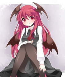 Rule 34 | 1girl, bad id, bad pixiv id, bat wings, black dress, black pantyhose, blush, breasts, commentary request, demon wings, dress, hammer (sunset beach), head wings, koakuma, light particles, long hair, long sleeves, looking at viewer, medium breasts, multiple wings, necktie, open mouth, pantyhose, red eyes, red hair, red necktie, revision, shirt, sitting, solo, touhou, very long hair, wings