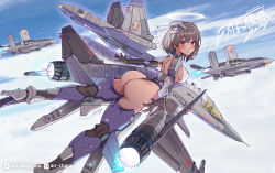 Rule 34 | 1girl, aircraft, airplane, an-chang, ass, black gloves, blush, breasts, brown hair, elbow gloves, fighter jet, flying, gloves, high heels, jet, mecha musume, medium breasts, military, military vehicle, missile, open hands, original, pink eyes, sharifah ozdil, short hair, smile, solo, thrusters
