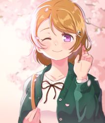 Rule 34 | 1girl, ;), black ribbon, brown hair, cardigan, cherry blossoms, commentary request, dodapan, food-themed hair ornament, green cardigan, hair ornament, hairpin, hand on own chest, hand up, highres, koizumi hanayo, long sleeves, looking at viewer, love live!, love live! school idol festival, love live! school idol project, neck ribbon, one eye closed, onigiri hair ornament, petals, purple eyes, ribbon, shirt, short hair, smile, solo, upper body, white shirt, x hair ornament