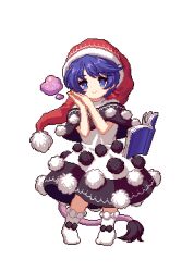 Rule 34 | 1girl, black capelet, blue eyes, blue hair, bow, capelet, closed mouth, commentary request, doremy sweet, footwear bow, full body, hat, looking at viewer, lowres, nightcap, pixel art, pom pom (clothes), red hat, short hair, short sleeves, simple background, smile, solo, standing, tail, tapir tail, touhou, touhou mystia&#039;s izakaya, white background, white footwear, youzikk