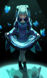 Rule 34 | 1girl, absurdres, animal, bare shoulders, blue dress, blue sleeves, blush, boots, bow, bug, butterfly, closed eyes, closed mouth, commentary request, crossed legs, detached sleeves, double bun, dress, facing viewer, full body, green bow, green hair, hair bow, hair bun, hair ornament, highres, hololive, insect, juliet sleeves, kimae, long hair, long sleeves, puffy sleeves, reflection, skirt hold, skull hair ornament, smile, solo, sparkle, standing, uruha rushia, uruha rushia (1st costume), virtual youtuber, wide sleeves