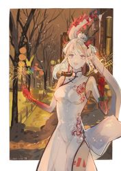Rule 34 | 1girl, absurdres, arknights, asymmetrical hair, bare tree, bead bracelet, beads, bracelet, braid, breasts, china dress, chinese clothes, chinese commentary, chinese new year, colored skin, cowboy shot, dated, dragon girl, dragon horns, dragon print, dragon tail, dress, earrings, facing viewer, fang, fireworks, gradient skin, highres, holding fireworks, horns, jewelry, lantern, looking up, medium breasts, medium hair, multicolored hair, multicolored skin, nian (arknights), nian (unfettered freedom) (arknights), official alternate costume, open mouth, outdoors, pointy ears, ponytail, purple eyes, red hair, red skin, road, see-through silhouette, side braid, side slit, silver hair, single braid, sleeveless, sleeveless dress, smile, solo, sparkler, streaked hair, street, suqing, tail, tassel, tassel earrings, teeth, tree, two-tone hair, upper teeth only, white dress