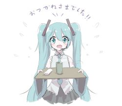 Rule 34 | 1girl, ^^^, aqua eyes, aqua hair, aqua necktie, bare shoulders, black skirt, blush, commentary, cropped legs, cup, detached sleeves, giving, hair ornament, hatsune miku, headphones, headset, holding, holding tray, long hair, looking at viewer, necktie, nejikyuu, open mouth, shirt, shoulder tattoo, skirt, sleeveless, sleeveless shirt, smile, solo, standing, steam, sweat, tattoo, tea, towel, translated, tray, twintails, upper body, very long hair, vocaloid, white background, wide sleeves