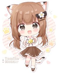 Rule 34 | 1girl, :d, animal ear fluff, animal ears, bare legs, bell, blunt bangs, blush, bow, bowtie, brown eyes, brown footwear, brown hair, brown skirt, cat ears, cat tail, chibi, eyebrows hidden by hair, hair bow, hair ornament, hairclip, hands up, highres, jingle bell, long hair, long sleeves, looking at viewer, mike mochi, open mouth, original, paw pose, pleated skirt, ribbon-trimmed clothes, ribbon trim, shirt, simple background, skirt, smile, standing, tail, white shirt, wide sleeves