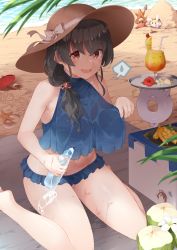 Rule 34 | 1girl, 3others, ?, ^^^, absurdres, abyssal ship, animal, bare arms, bare legs, bare shoulders, barefoot, beach, bikini, black hair, blue bikini, blush, bottle, breasts, brown headwear, chougei (kancolle), clam shell, coconut, crab, cup, drink, drinking glass, drinking straw, enemy lifebuoy (kancolle), flower, food, fruit, hair between eyes, hat, hermit crab, hibiscus, highres, holding, holding bottle, holding tray, i-203 (kancolle), i-47 (kancolle), jingei (kancolle), kantai collection, large breasts, long hair, looking at viewer, multiple others, navel, ocean, open mouth, parasol, rabbit, ramune, red eyes, red flower, sand, sand sculpture, sitting, smile, sparkle, spoken sweatdrop, starfish, sweatdrop, swimsuit, tray, trowel, umbrella, wariza, wet, white flower, yui (seiga)