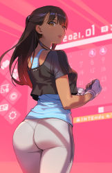 Rule 34 | absurdres, ass, brown eyes, brown hair, clenched hand, commentary request, crop top, fingerless gloves, from behind, gloves, half updo, highres, long hair, looking to the side, open mouth, original, pants, pantylines, pink background, solo, striped, tank top, tetsuo (amenohutikoma), thighs, toned, white pants, yoga pants