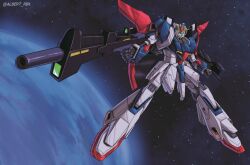 Rule 34 | aiming, albert rbk, beam rifle, clenched hand, commentary, energy gun, english commentary, foreshortening, glowing, glowing eyes, green eyes, gun, gundam, highres, holding, holding gun, holding weapon, legs apart, mecha, mecha focus, mobile suit, no humans, planet, robot, science fiction, solo, space, star (sky), twitter username, v-fin, weapon, zeta gundam, zeta gundam (mobile suit)