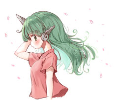 Rule 34 | 1girl, arinu, blush, closed mouth, from side, green eyes, green hair, horns, komano aunn, long hair, petals, pink shirt, profile, shirt, short sleeves, simple background, single horn, solo, touhou, upper body, white background