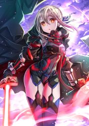 Rule 34 | 1girl, :o, absurdres, arm guards, armor, artoria pendragon (all), artoria pendragon (fate), backlighting, black gloves, black jacket, blue ribbon, blue thighhighs, breastplate, colored eyelashes, cowboy shot, dual wielding, fate/grand order, fate (series), garter straps, gloves, glowing, glowing eyes, glowing sword, glowing weapon, hair between eyes, hair ribbon, head tilt, highres, holding, holding sword, holding weapon, jacket, light particles, long sleeves, looking at viewer, mysterious heroine x alter (fate), mysterious heroine x alter (third ascension) (fate), open clothes, open jacket, open mouth, pale skin, red eyes, ribbon, saber (fate), sho (runatic moon), short hair, solo, standing, sword, thigh gap, thighhighs, thighs, weapon