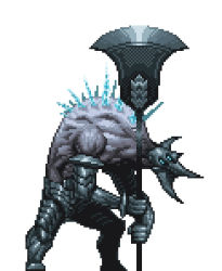Rule 34 | 1boy, armor, colored skin, extra eyes, gaak11977, gauntlets, greaves, grey background, grey skin, helmet, holding, holding weapon, hunched over, male focus, monster, original, pixel art, simple background, spikes, standing, vambraces, weapon