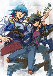 Rule 34 | 2boys, absurdres, belt, black hair, black shirt, blue eyes, blue hair, blue jacket, blue shirt, boots, box, brown footwear, brown gloves, bruno (yu-gi-oh!), denim, expressionless, facial mark, facial tattoo, fudo yusei, gloves, grey background, grey eyes, happy, high collar, highres, holding, holding box, holding screwdriver, holding tool, holding wrench, jacket, jeans, jumping, knee pads, leather belt, male focus, marking on cheek, multicolored hair, multiple boys, open clothes, open jacket, open mouth, pants, screwdriver, shirt, shoes, short hair, shoulder pads, sleeves rolled up, smile, sneakers, spiked hair, streaked hair, tattoo, toolbox, tools, white footwear, wrench, youko-shima, yu-gi-oh!, yu-gi-oh! 5d&#039;s