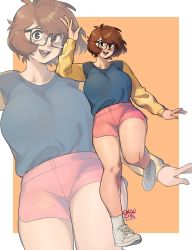 Rule 34 | artist name, blue sweater, border, breasts, brown eyes, brown hair, commentary, dated, english commentary, eyebrows hidden by hair, glasses, highres, large breasts, open hands, open mouth, orange background, original, outside border, pink shorts, shoes, short hair, shorts, smile, sneakers, snowcie, snowciel, sweater, thick thighs, thighs, white border, zoom layer