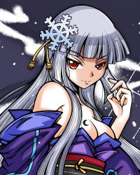 Rule 34 | 1girl, albino, bare shoulders, breasts, bunny1219, cleavage, grey background, hair ornament, hairpin, highres, japanese clothes, kimono, long hair, obi, obi/greybg, red eyes, sash, sister quest, smile, snowflake hair ornament, snowflakes, solo, white hair, yukiko (sister quest)
