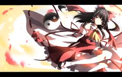 Rule 34 | 1girl, bad id, bad pixiv id, bow, brown eyes, brown hair, detached sleeves, dress, female focus, gradient background, hair bow, hair tubes, hakurei reimu, itoo, japanese clothes, letterboxed, long sleeves, miko, red dress, ribbon, solo, thighhighs, touhou, upskirt, white thighhighs, yin yang, zettai ryouiki