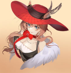 Rule 34 | 1girl, animal ears, arknights, bare shoulders, black dress, blue eyes, breasts, brown hair, cat ears, choker, cleavage, commentary request, cropped torso, dress, ears through headwear, feather boa, fengyin shici guozi, heidi (arknights), highres, large breasts, long hair, looking at viewer, red choker, red headwear, smile, solo, upper body, yellow background