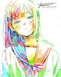Rule 34 | 1girl, :|, arms at sides, artist name, black sailor collar, blue hair, blush, closed mouth, colorful, expressionless, green eyes, green hair, head tilt, highres, long bangs, looking at viewer, medium hair, multicolored hair, neckerchief, original, pink neckerchief, procreate (medium), red hair, sailor collar, school uniform, shirt, sidelocks, signature, simple background, solo, straight-on, upper body, watanabe tomari, watermark, white background, white shirt