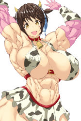 Rule 34 | 1girl, abs, breasts, brown eyes, brown hair, covered erect nipples, extreme muscles, female focus, horns, huge breasts, looking at viewer, muscular, oikawa shizuku, open mouth, purukogi (plasma beach), short hair, simple background, smile, solo