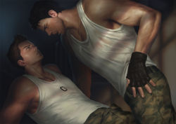 Rule 34 | 2boys, ass, bara, bare arms, bare shoulders, beard, brown hair, camouflage, camouflage pants, chris redfield, commentary request, dog tags, eye contact, facial hair, from side, large pectorals, looking at another, male focus, mature male, multiple boys, muscular, muscular male, paid reward available, pants, pectoral cleavage, pectorals, penguin frontier, piers nivans, resident evil, resident evil 5, resident evil 6, see-through, shirt, short hair, sideburns, sidepec, stubble, sweat, tank top, wet, wet clothes, wet shirt, white tank top, yaoi