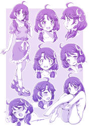 Rule 34 | ahoge, bow, breasts, hair bow, hair down, highres, implied sex, kazuma muramasa, looking at viewer, monochrome, precure, purple background, purple theme, short twintails, simple background, sitting, standing, suzumura sango, topless, tropical-rouge! precure, twintails, white background