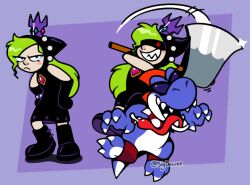 Rule 34 | &gt;:(, + -, 1boy, 1girl, alternate hair color, animal ears, axe, bare shoulders, bird, black dress, black footwear, blue skin, blush stickers, boots, boshi (super mario rpg), bracelet, brooch, cat ears, claw pose, claws, collar, colored skin, crow, crown, dress, drooling, evil grin, evil smile, fake animal ears, fingernails, frown, gem, green hair, grin, hands on own hips, holding, holding axe, holding weapon, hood, hood up, hooded dress, huge weapon, hunched over, jewelry, long tongue, mario (series), mario power tennis, mario tennis, mini crown, nintendo, open mouth, purple background, purple headwear, red gemstone, shaded face, sharp fingernails, sharp teeth, sharp toenails, sigdowee, smile, spiked bracelet, spiked collar, spikes, sunglasses, super mario rpg, teeth, toenails, tongue, tongue out, trait connection, v-shaped eyebrows, warupeach, weapon