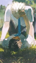 Rule 34 | 2boys, absurdres, akaashi keiji, black pants, blue necktie, bokuto koutarou, brown hair, chengongzi123, colored eyelashes, commentary, facing away, facing down, facing up, full body, grass, haikyuu!!, hand in another&#039;s hair, highres, long hair, lying, male focus, multiple boys, necktie, on back, outdoors, pants, pinned, school uniform, shirt, short sleeves, striped necktie, symbol-only commentary, tree, very long hair, white hair, white shirt, yaoi