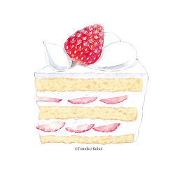 Rule 34 | cake, commentary request, dessert, food, food focus, fruit, icing, kuboitomoko, no humans, original, painting (medium), pastry, simple background, still life, strawberry, strawberry shortcake, traditional media, watercolor (medium), white background