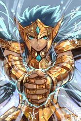Rule 34 | 1boy, absurdres, aquarius camus, armor, blue eyes, blue hair, blue jewel, gauntlets, gold armor, gold bracelet, highres, hungry clicker, long hair, looking at viewer, male focus, open mouth, saint seiya, simple background, snowflakes, solo, weapon