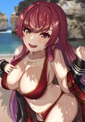 Rule 34 | 1girl, armpits, beach, bikini, black jacket, blue sky, blush, breasts, check commentary, cleavage, commentary, commentary request, curvy, day, eyelashes, gold necklace, hair between eyes, heart, heart necklace, heterochromia, highres, hololive, hot, houshou marine, houshou marine (summer), jacket, jewelry, kuriyasu15, large breasts, long hair, long sleeves, looking at viewer, naughty face, navel, necklace, open mouth, outdoors, parka, partially undressed, red bikini, red eyes, red jacket, rock, shadow, sidelocks, sky, smile, stomach, summer, sweat, swimsuit, two-sided fabric, two-sided jacket, very sweaty, virtual youtuber, water, wet, wet hair
