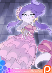 Rule 34 | 1girl, aura, bangle, blue eyes, bracelet, breasts, dress, eyebrows, flower, frilled dress, frills, ghost, ghost tail, hair flower, hair ornament, heart, highres, jewelry, long hair, maniacpaint, monster girl, oddmachine, pale skin, pink dress, purple hair, raa (sonic), ribbon, sidelocks, small breasts, smile, solo, sonic night of the werehog, sonic (series), strapless, strapless dress, tail, tail ornament, tail ribbon, watermark, web address
