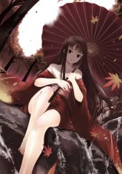 Rule 34 | 1girl, bare legs, bare shoulders, barefoot, blunt bangs, brown eyes, brown hair, dutch angle, falling leaves, japanese clothes, katase yuu, kimono, knee up, leaf, legs, long hair, looking at viewer, maple leaf, non-web source, obi, oil-paper umbrella, open clothes, open kimono, original, parasol, sash, sitting, soaking feet, solo, umbrella, water, wide-eyed