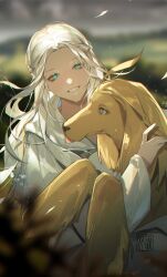 Rule 34 | 1girl, absurdres, afghan hound, animal, animal hug, argos (ff14), artist name, blue eyes, blurry, blurry background, braid, capelet, chinese commentary, commentary, day, depth of field, dog, english commentary, final fantasy, final fantasy xiv, floating hair, grey capelet, grey robe, grin, half updo, highres, hood, hood down, hooded capelet, long hair, long sleeves, mixed-language commentary, outdoors, penzai fengli, robe, single braid, smile, solo, tongue, tongue out, upper body, venat (ff14), wavy hair, white hair, wide sleeves