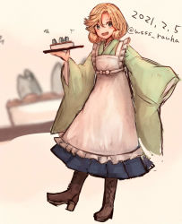 Rule 34 | 1girl, alternate costume, apron, blonde hair, blue eyes, blue hakama, commentary request, enmaided, frilled apron, frills, full body, hakama, hakama skirt, janus (kancolle), japanese clothes, kantai collection, looking at viewer, maid, one-hour drawing challenge, short hair, skirt, solo, standing, stargazy pie, tray, wa maid, waitress, white apron, wss (nicoseiga19993411), zoom layer
