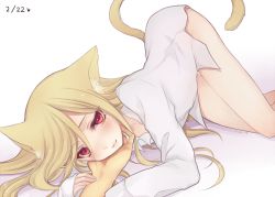 Rule 34 | 1boy, :3, afuro terumi, animal ears, blonde hair, bottomless, cat boy, cat day, cat ears, cat tail, hinaame, inazuma eleven, inazuma eleven (series), long hair, male focus, naked shirt, red eyes, shirt, simple background, smile, solo focus, tail, trap, very long hair, white background