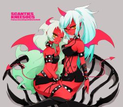 Rule 34 | 10s, 2girls, bad id, bad pixiv id, bug, butterfly, colored skin, english text, engrish text, highres, horns, insect, kneesocks (psg), multiple girls, panty &amp; stocking with garterbelt, ranguage, red skin, scanty (psg), shichi, siblings, sisters, tail, thighhighs, wings