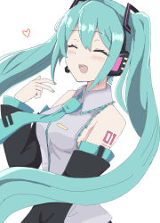 Rule 34 | 1girl, :d, aqua eyes, aqua hair, bare shoulders, black sleeves, blue eyes, blush, breasts, closed eyes, collarbone, commentary, detached sleeves, dress, hair ornament, hatsune miku, headphones, highres, long hair, looking at viewer, medium breasts, necktie, number tattoo, open mouth, shirt, simple background, skirt, sleeveless, sleeveless shirt, smile, solo, tattoo, teeth, theon (te2eo), twintails, upper body, upper teeth only, very long hair, vocaloid, white background