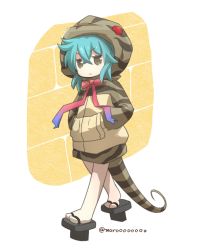 Rule 34 | 10s, 1girl, aqua hair, brown eyes, brown shirt, commentary request, full body, geta, highres, hood, hoodie, kemono friends, long sleeves, looking at viewer, moro (like the gale!), multicolored neckwear, neck ribbon, parted lips, ribbon, shirt, short hair, snake tail, solo, standing, striped clothes, striped hoodie, striped tail, tail, tsuchinoko (kemono friends), twitter username, walking, white background