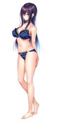 Rule 34 | 1girl, absurdres, amakano 2, azarashi soft, barefoot, blue bra, blue panties, bra, breasts, cleavage, contrapposto, expressionless, full body, game cg, green eyes, hair ornament, hair over one eye, hairclip, highres, himiyama rei, lace, lace-trimmed bra, lace-trimmed panties, lace trim, large breasts, long hair, looking at viewer, navel, panties, piromizu, purple hair, sidelocks, snowflake hair ornament, solo, standing, transparent background, underwear, underwear only