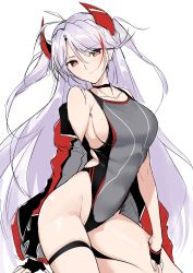 Rule 34 | 1girl, absurdres, antenna hair, azur lane, black gloves, breasts, competition swimsuit, cowboy shot, fingerless gloves, gloves, grey jacket, grey one-piece swimsuit, halcon, half gloves, highleg, highleg swimsuit, highres, horns, jacket, large breasts, long hair, looking at viewer, mole, mole on breast, multicolored hair, one-piece swimsuit, open clothes, open jacket, prinz eugen (azur lane), sideboob, silver hair, simple background, solo, streaked hair, swept bangs, swimsuit, two side up, white background