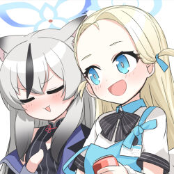 Rule 34 | 2girls, :3, :d, animal ears, apron, black bow, black bowtie, black coat, black dress, blonde hair, blue apron, blue archive, blue eyes, bow, bowtie, can, china dress, chinese clothes, coat, commentary request, dress, forehead, gradient hair, grey hair, hair between eyes, hair ribbon, halo, holding, holding can, id card, kokona (blue archive), long hair, long sleeves, looking at another, low twintails, multicolored hair, multiple girls, o (rakkasei), open clothes, open coat, open mouth, ribbon, scrunchie, short sleeves, sidelocks, simple background, sleeveless, smile, sora (blue archive), store clerk, streaking, tiger ears, tiger girl, twintails, two-tone hair, two side up, white background, wrist scrunchie