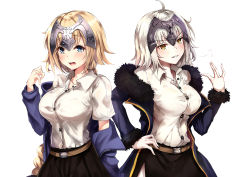 Rule 34 | 2girls, ahoge, belt, blonde hair, blue eyes, blush, braid, breasts, dress shirt, dual persona, fate/grand order, fate (series), fur trim, hand on own hip, jacket, jeanne d&#039;arc (fate), jeanne d&#039;arc (ruler) (fate), jeanne d&#039;arc alter (fate), jeanne d&#039;arc alter (ver. shinjuku 1999) (fate), large breasts, long hair, looking at viewer, multiple girls, nakatokung, off shoulder, official alternate costume, open mouth, parted lips, shirt, short hair, silver hair, single braid, skirt, smile, very long hair, yellow eyes